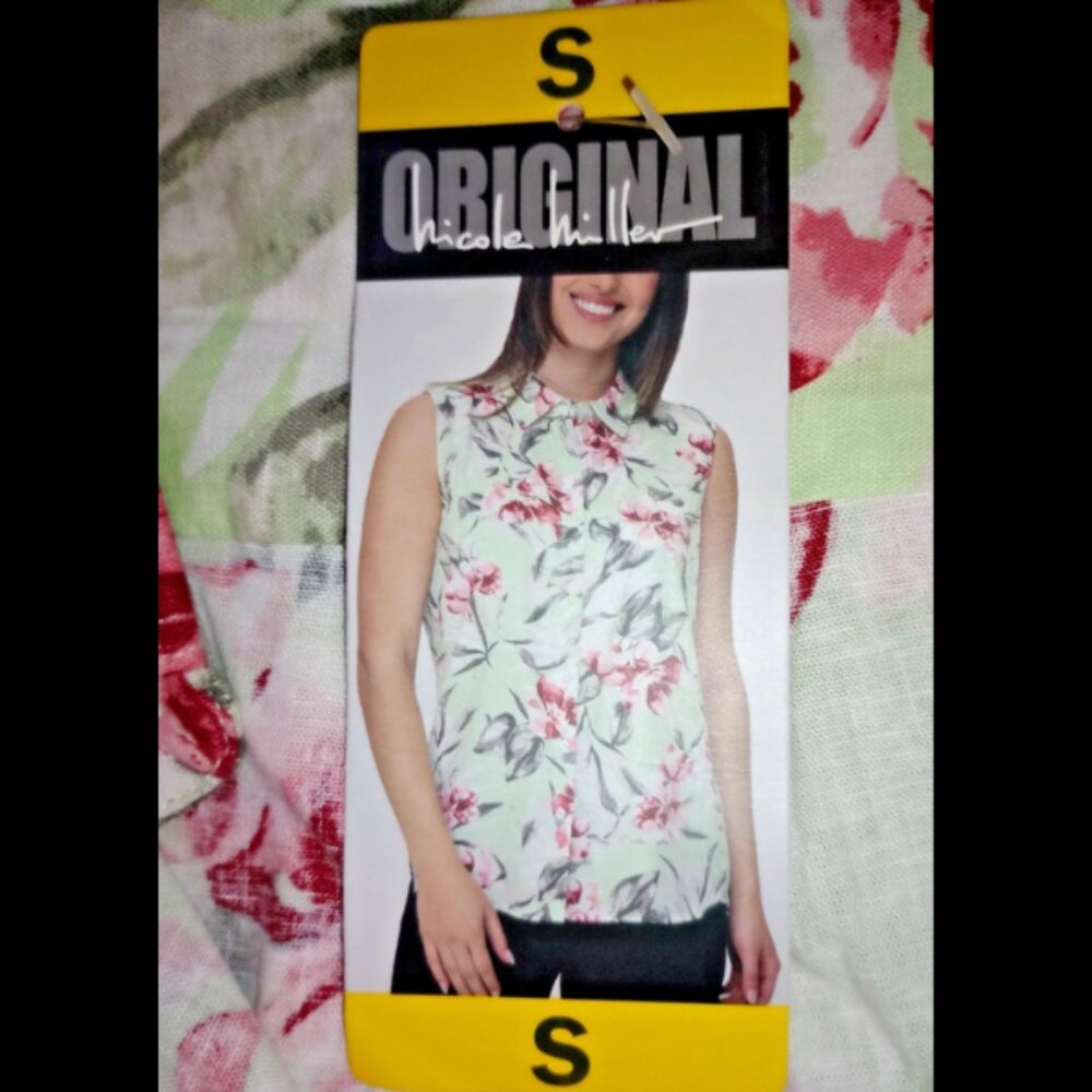 NWT Nicole Miller Sleeveless Small Blouse Multicolor Floral Linen Blend Top - Picture 4 of 9